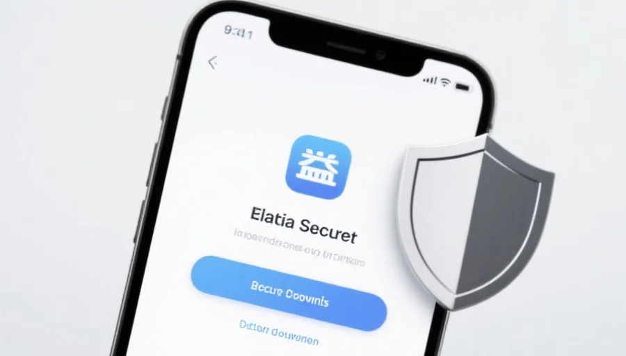 一部现代智能手机屏幕上显示星亿应用的安全下载界面，旁边有安全盾牌图标，背景简洁